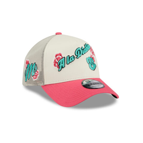 New Era 9Forty Mexico City Diablos Rojos De Mexico Wordmark Mesh Trucker A-Frame Snapback Hat Off White Pink - Image 3