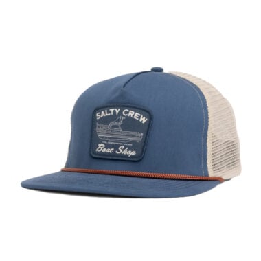 Salty Crew Boat Shop Mesh Trucker Snapback Hat Pilot Blue