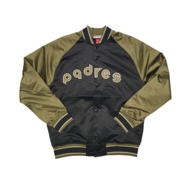 Mitchell & Ness San Diego Padres Double Clutch Vintage Logo Lightweight Satin Jacket Black Olive Green Mitchell & Ness San Diego Padres Double Clutch Vintage Logo Lightweight Satin Jacket Black Olive Green