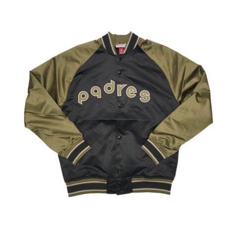Mitchell & Ness San Diego Padres Double Clutch Vintage Logo Lightweight Satin Jacket Black Olive Green