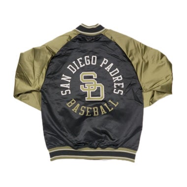 Mitchell & Ness San Diego Padres Double Clutch Vintage Logo Lightweight Satin Jacket Black Olive Green Mitchell & Ness San Diego Padres Double Clutch Vintage Logo Lightweight Satin Jacket Black Olive Green