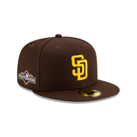 New Era 59Fifty San Diego Padres 2025 Post Season Side Patch On Field Game Fitted Hat Dark Brown Gold - Image 3