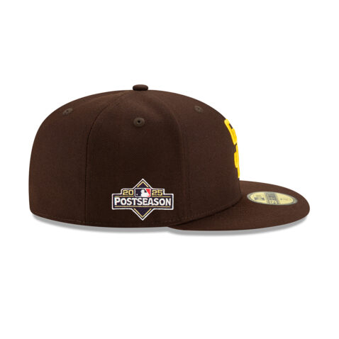 New Era 59Fifty San Diego Padres 2025 Post Season Side Patch On Field Game Fitted Hat Dark Brown Gold - Image 4