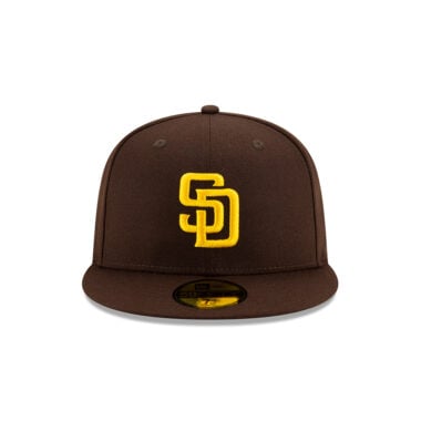 New Era 59Fifty San Diego Padres 2025 Post Season Side Patch On Field Game Fitted Hat Dark Brown Gold