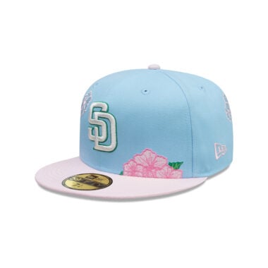New Era 59Fifty San Diego Padres City Element Dominicana Flower Fitted Hat Sky Blue Pink