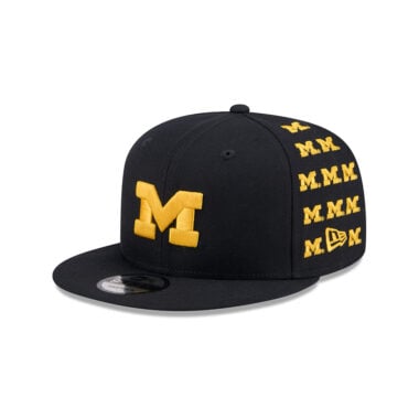 New Era 9Fifty University of Michigan Wolverines Sticker Helmet Snapback Hat Dark Navy Gold