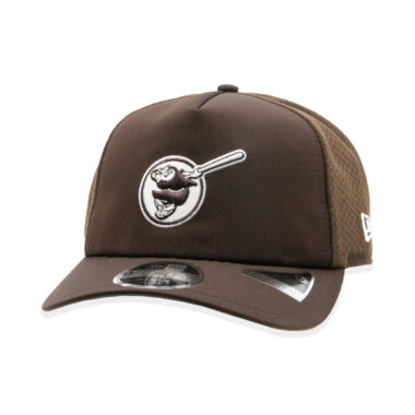 New Era 9Forty Apex San Diego Padres Batting Practice 2026 Friar Mesh Trucker A-Frame Snapback Hat Brown White