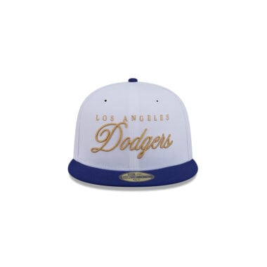 New Era 59Fifty Los Angeles Dodgers Scripted Fitted Hat White Gold Dark Royal Blue