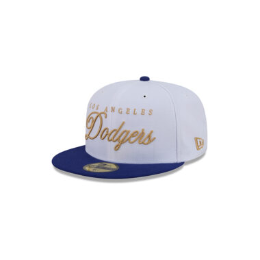 New Era 59Fifty Los Angeles Dodgers Scripted Fitted Hat White Gold Dark Royal Blue