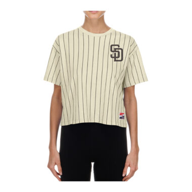 New Era San Diego Padres Pinstripe Jersey Women’s Crop Short Sleeve T-Shirt Cream White Brown Pinstripe