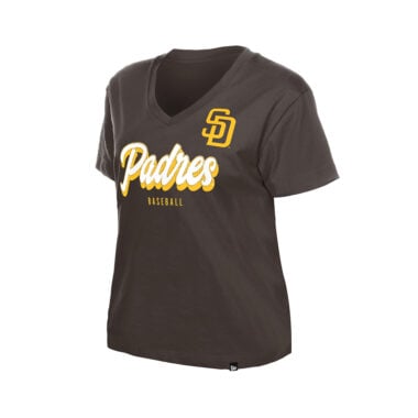 New Era San Diego Padres Shadow Script Women's V-Neck Short Sleeve T-Shirt Brown Gold