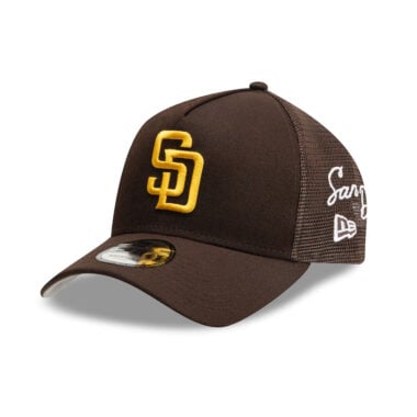 New Era 9Forty San Diego Padres TR A-Frame Mesh Trucker Snapback Hat Burnt Wood Brown Gold New Era 9Forty San Diego Padres TR A-Frame Mesh Trucker Snapback Hat Burnt Wood Brown Gold