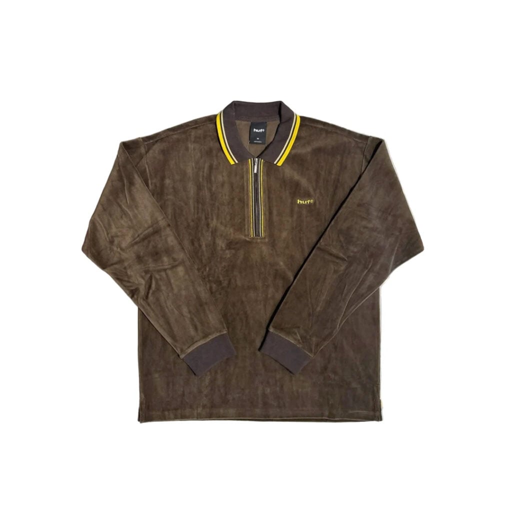 HUF Parker Velour Long Sleeve Polo Shirt Brown HUF Parker Velour Long Sleeve Polo Shirt Brown