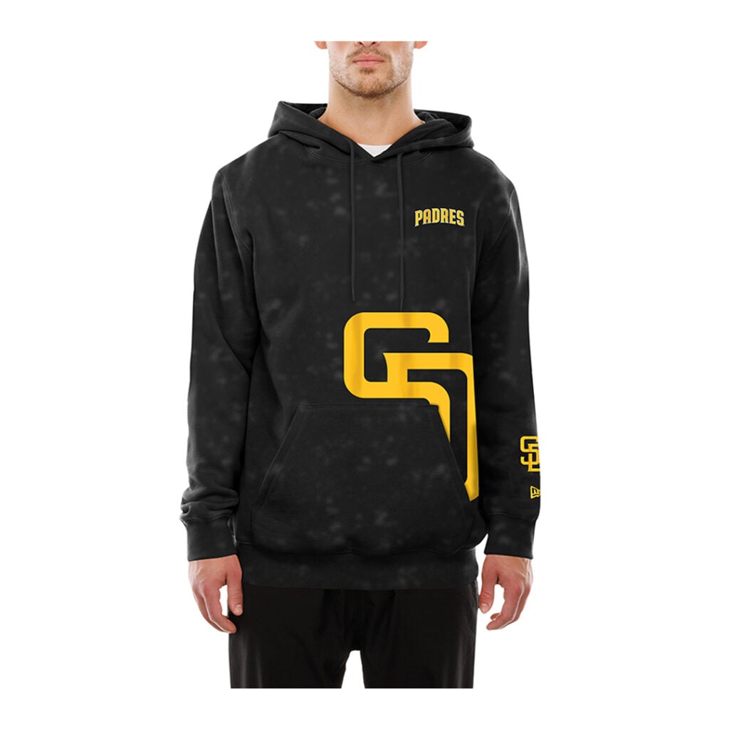 New Era San Diego Padres Script and Stack Acid Wash Pullover Hoodie Black Gold