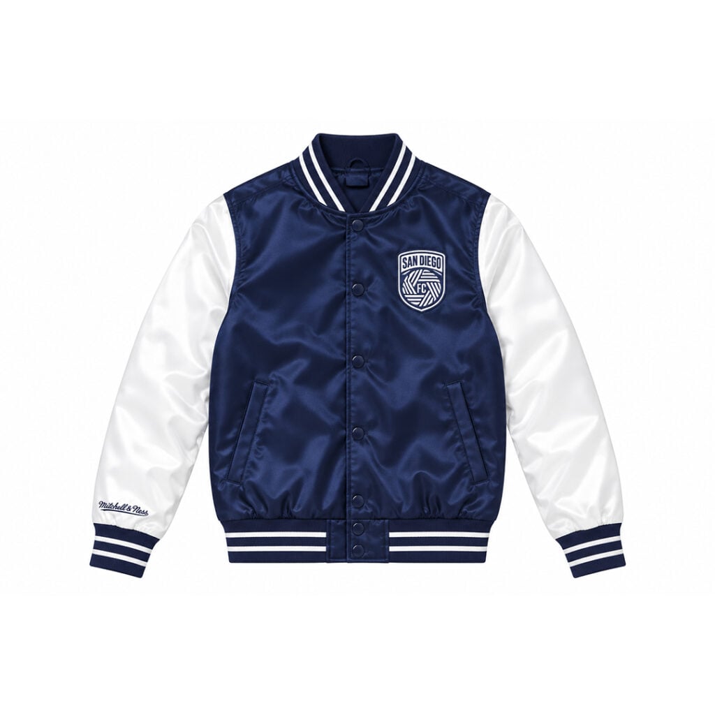 Mitchell & Ness San Diego Football Club SDFC Womens Ghosted Lightweight Crop Satin Jacket Dark Navy White Mitchell & Ness San Diego Football Club SDFC Womens Ghosted Lightweight Crop Satin Jacket Dark Navy White