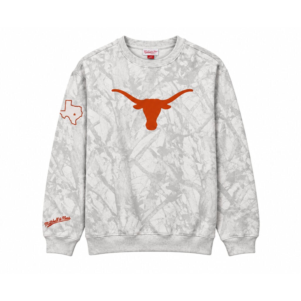 Mitchell & Ness University of Texas Longhorns Ghosted Crewneck Sweatshirt White Mitchell & Ness University of Texas Longhorns Ghosted Crewneck Sweatshirt White