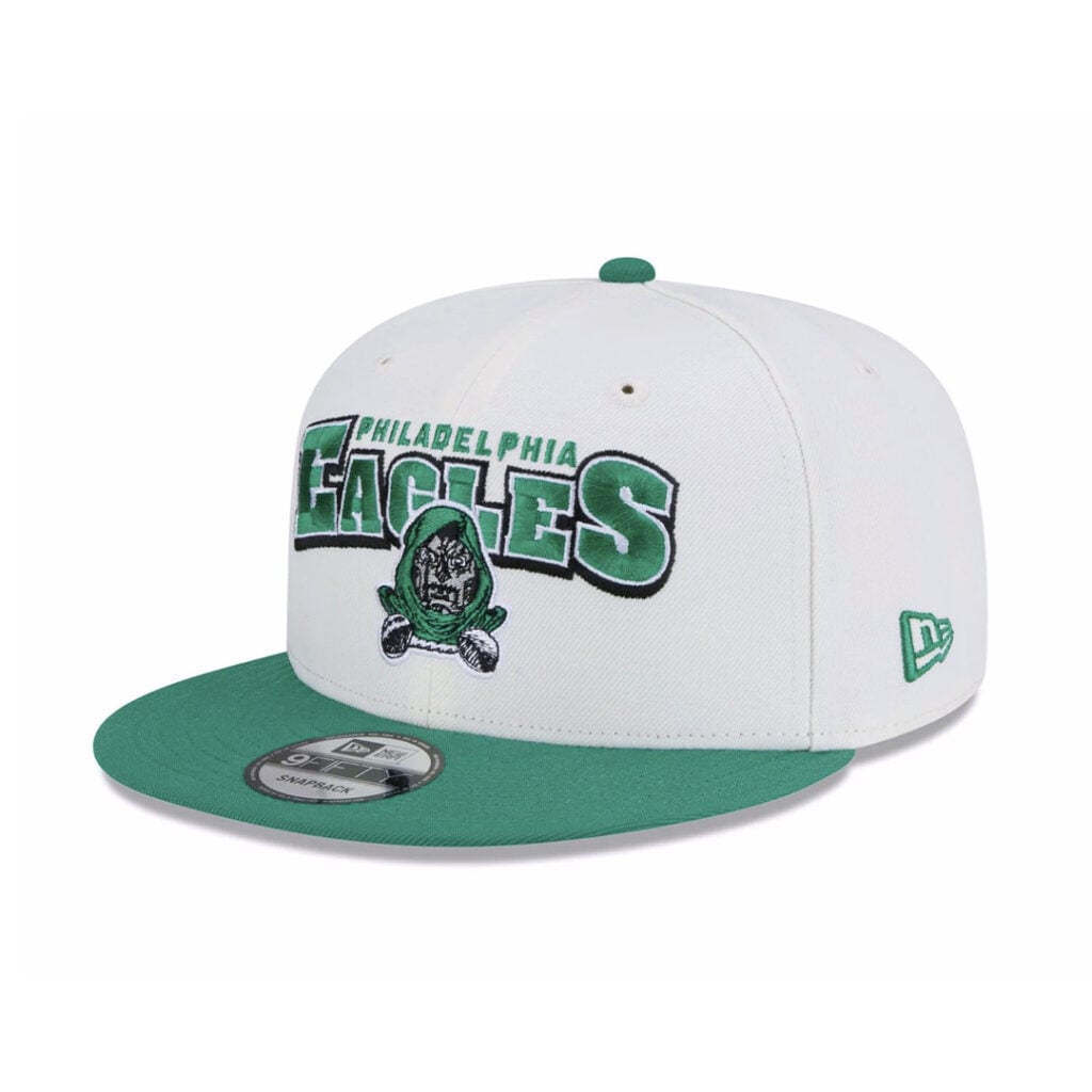 New Era x Marvel 9Fifty Philadelphia Eagles Dr. Doom Snapback Hat Chrome White Green New Era x Marvel 9Fifty Philadelphia Eagles Dr. Doom Snapback Hat Chrome White Green